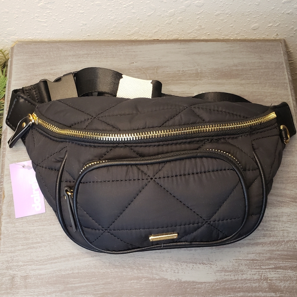 Claire's Black Quilted Belt Bag with Gold Accents NWT